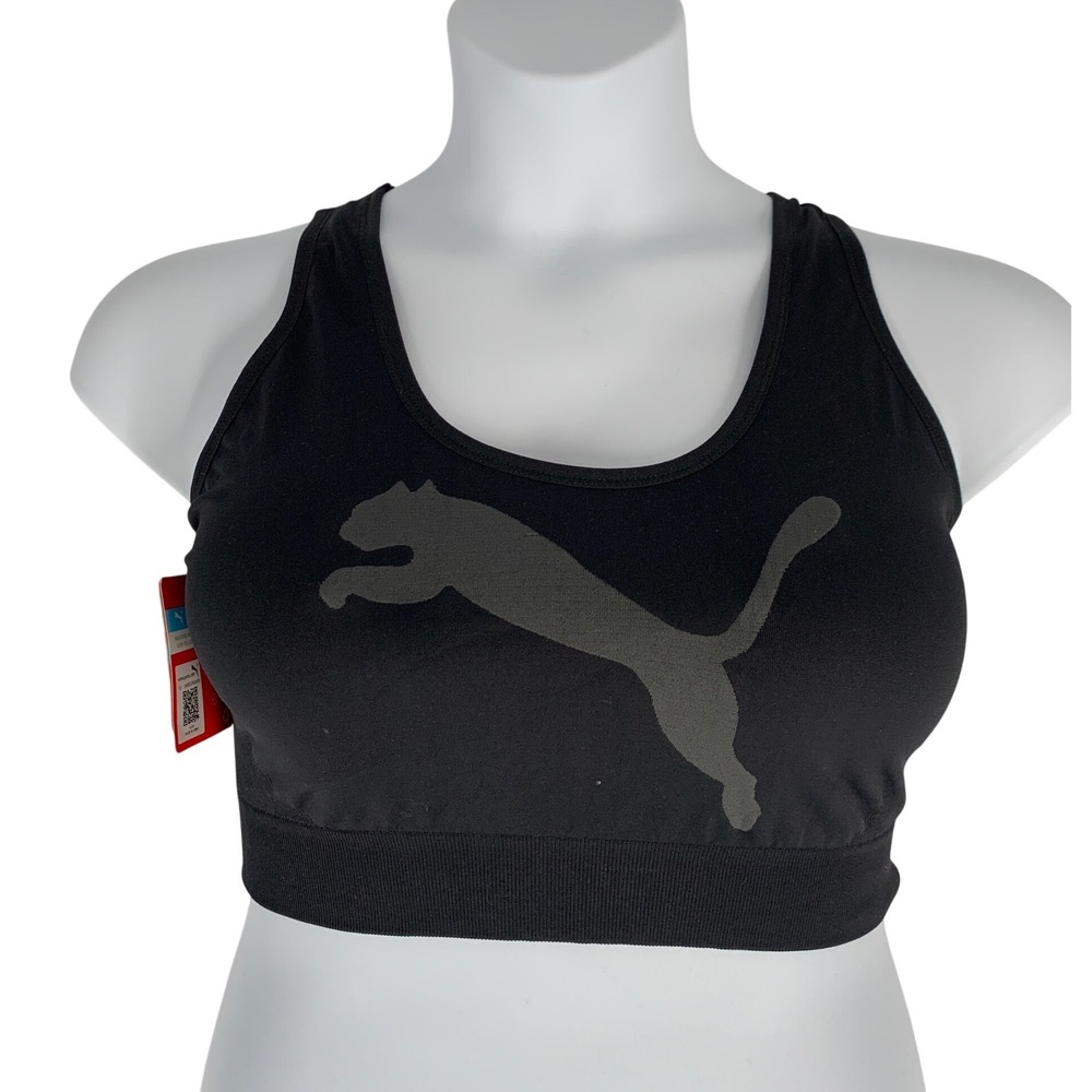 Puma 1X Black Sports Bra DryCELL Strappy Back Logo Medium Support NWT